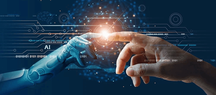 Dotyk ľudskej ruky a ruky robota AI.